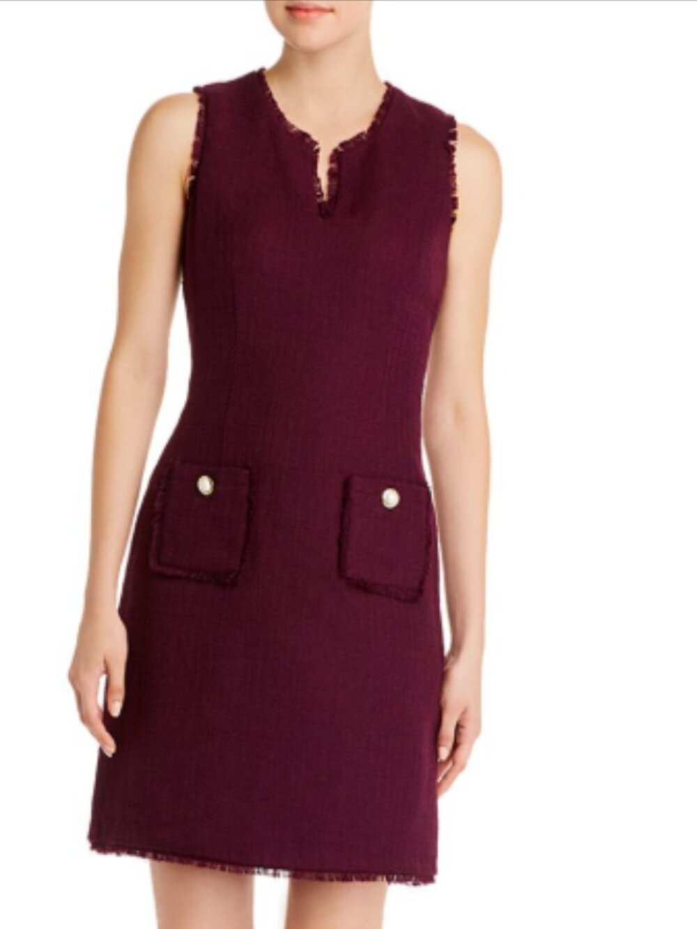 Karl Lagerfeld Paris Tonal Tweed Pocket Sheath Burgundy Dress